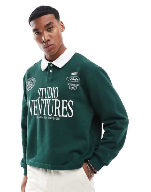 ASOS DESIGN – Zielona bluza oversize w stylu rugby, z kołnierzykiem polo i nadrukiem