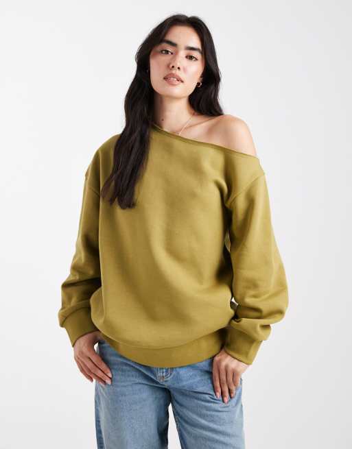 ASOS DESIGN – Zielona bluza z odkrytym ramieniem i szczotkowanym wykończeniem od spodu
