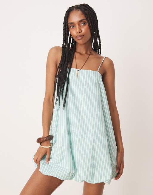ASOS DESIGN – Zielona bufiasta sukienka mini o fasonie bombki na ramiączkach w paski