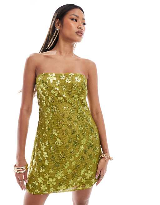 ASOS DESIGN – Zielona cekinowa sukienka mini z dekoltem bardot w kwiatowy wzór
