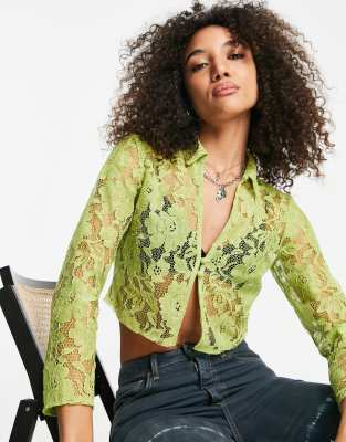 ASOS DESIGN – Zielona dopasowana koszula koronkowa