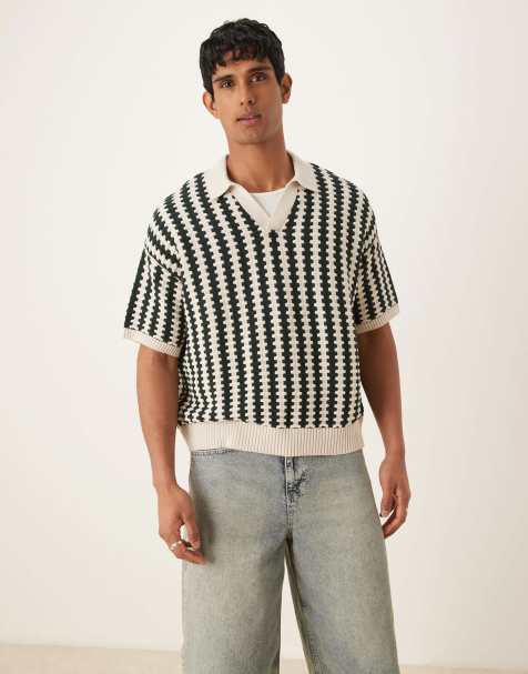 ASOS DESIGN oversized knitted notch neck polo with textured stripe in green