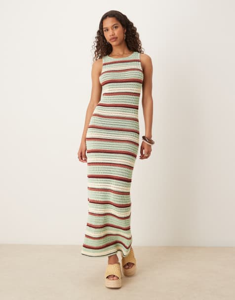 ASOS DESIGN – Zielona dzianinowa sukienka maxi z odkrytymi plecami z dekoltem w kształcie litery U w paski - view 1