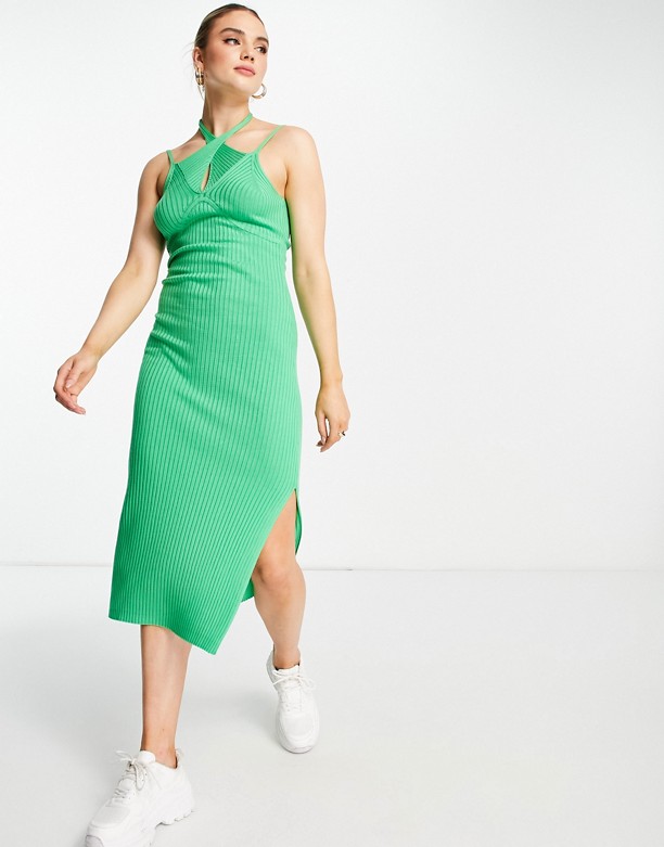  Wiarygodny ASOS DESIGN – Zielona dzianinowa sukienka midi z wycięciami Zielony