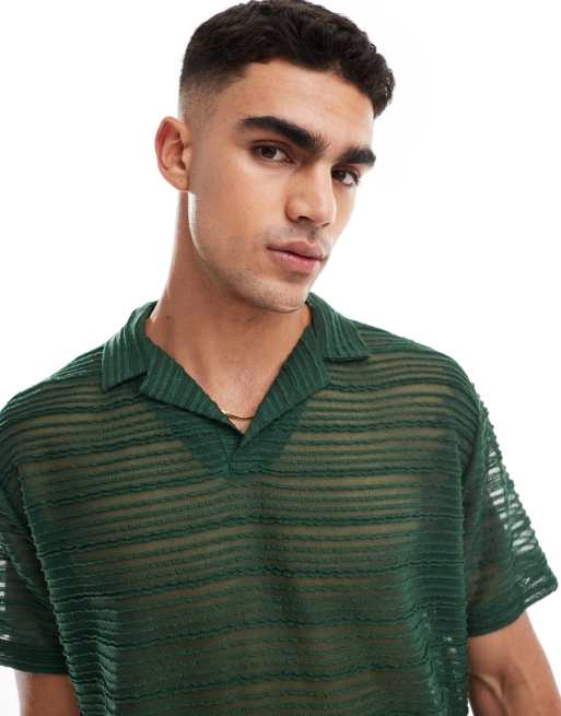 ASOS DESIGN – Zielona fakturowana koszulka polo o luźnym kroju z prześwitującego materiału