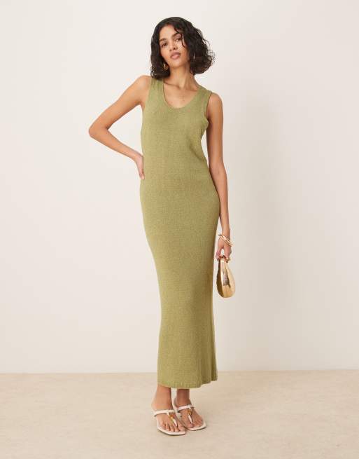 ASOS DESIGN – Zielona fakturowana sukienka dzianinowa midaxi z dekoltem w łódkę