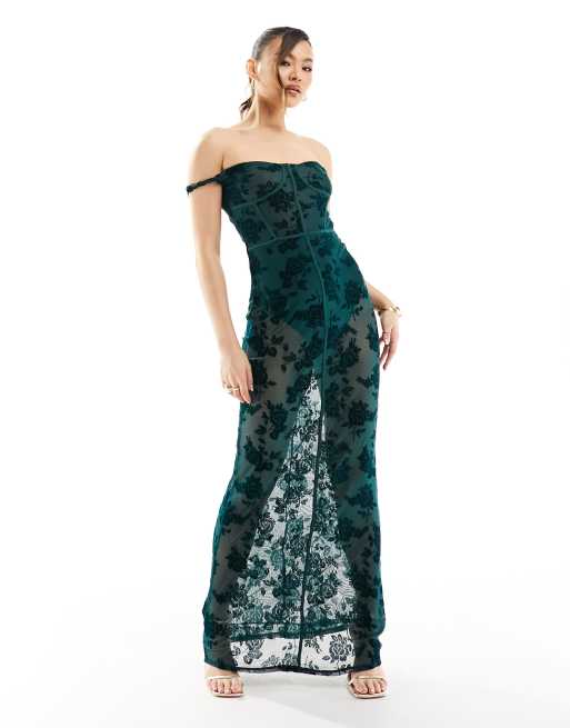 ASOS DESIGN – Zielona gorsetowa sukienka midi z dekoltem bardot i odsłoniętymi ramionami