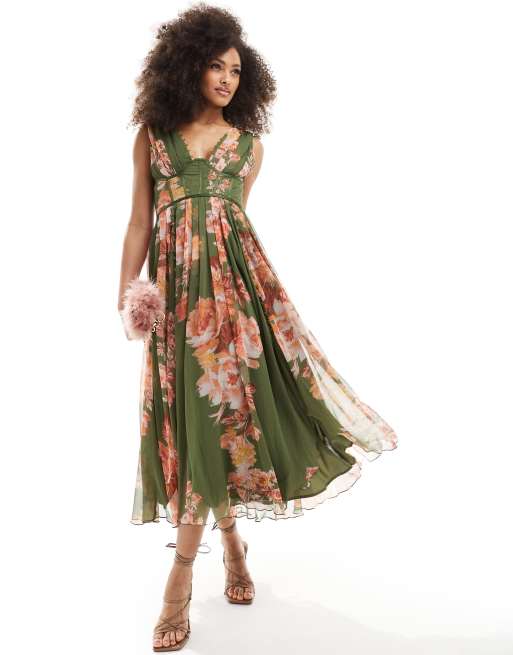 ASOS DESIGN – Zielona gorsetowa sukienka plisowana midi z głębokim dekoltem, ozdobnymi guzikami i kwiatowym wzorem