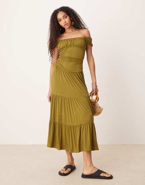 ASOS DESIGN – Zielona kaskadowa sukienka maxi z marszczonym biustem w stylu preriowym - view 1