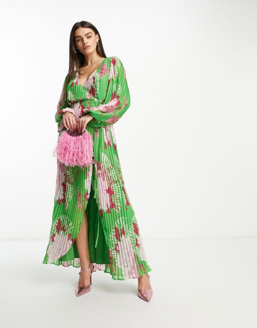 ASOS DESIGN – Zielona kopertowa sukienka maxi z balonowymi rękawami w duży kwiatowy wzór