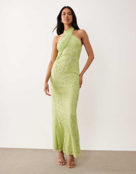 ASOS DESIGN – Zielona koronkowa sukienka maxi z dekoltem halter i haftowanym wzorem - view 1