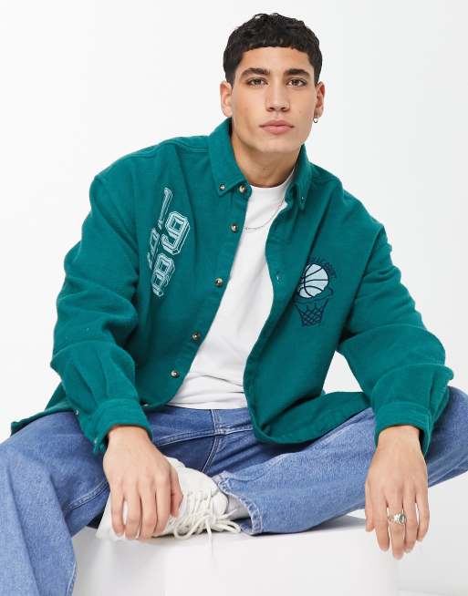 ASOS DESIGN – Zielona koszula flanelowa oversize z haftem z motywem koszykówki w stylu lat 90.
