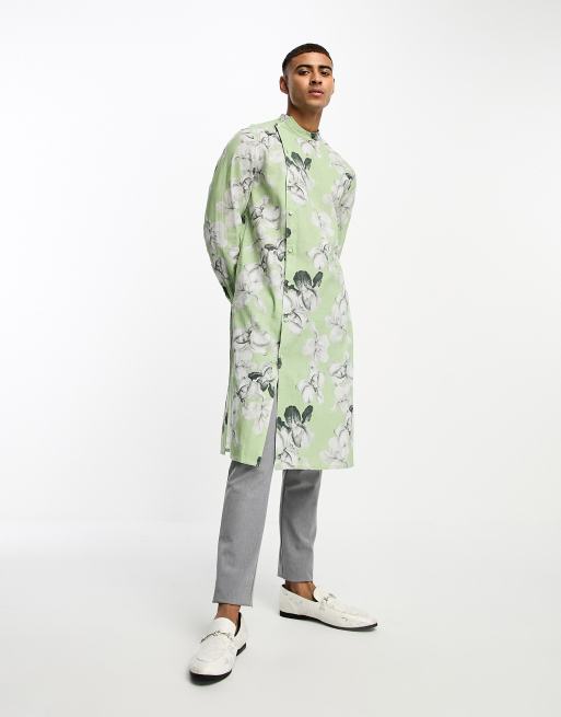 ASOS DESIGN – Zielona koszula kurta o wydłużonym fasonie i asymetrycznym brzegu z domieszką lnu w kwiatowy wzór