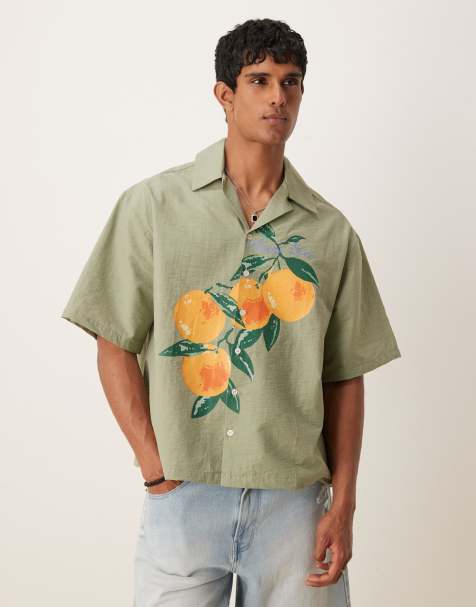 ASOS DESIGN oversized boxy shirt with orange print in green