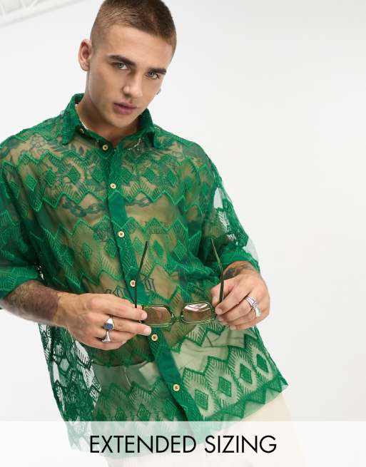 ASOS DESIGN – Zielona koszula oversize o pudełkowym kroju w haftowany geometryczny wzór