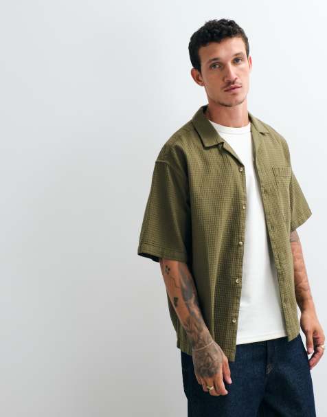 ASOS DESIGN – Zielona koszula oversize o waflowej fakturze z kołnierzykiem kubańskim - view 1