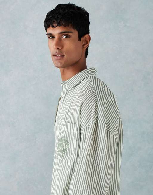 ASOS DESIGN – Zielona koszula oversize w paski z haftem na piersi, 4 z 5