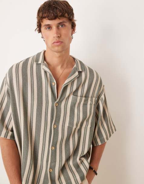 ASOS DESIGN – Zielona koszula oversize w paski z kołnierzykiem kubańskim - view 1