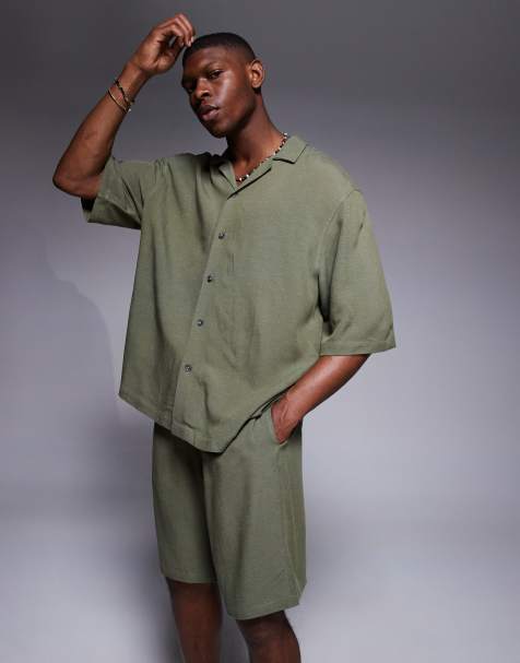 ASOS DESIGN – Zielona koszula oversize z kołnierzykiem kubańskim z domieszką lnu, część zestawu - view 1