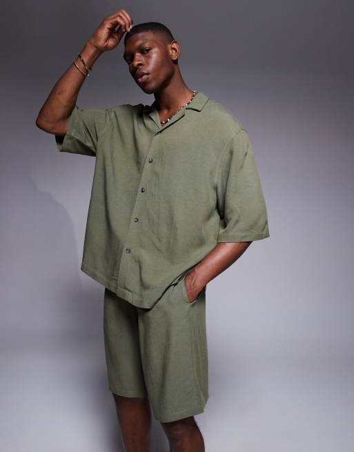ASOS DESIGN – Zielona koszula oversize z kołnierzykiem kubańskim z domieszką lnu, część zestawu