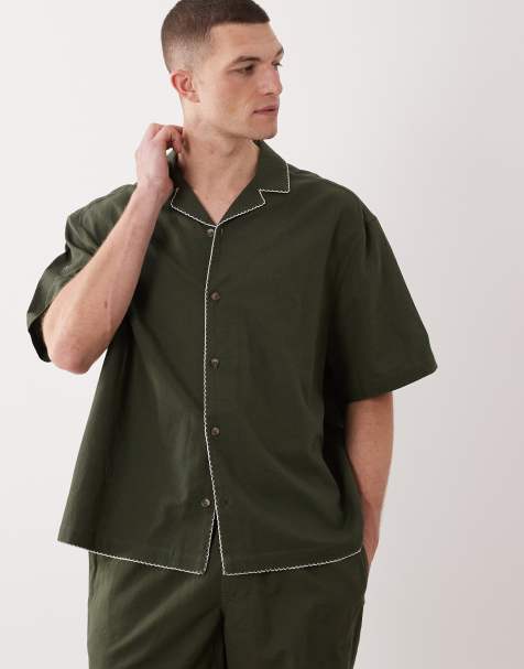 ASOS DESIGN – Zielona koszula oversize z mieszanki lnu z kołnierzykiem kubańskim i haftem, część zestawu - view 1