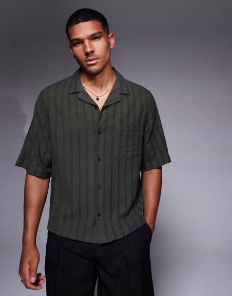 ASOS DESIGN – Zielona koszula w paski z haftem angielskim i kołnierzykiem kubańskim o pudełkowym kroju - view 1