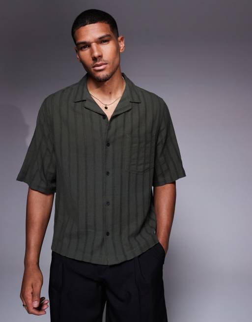 ASOS DESIGN – Zielona koszula w paski z haftem angielskim i kołnierzykiem kubańskim o pudełkowym kroju