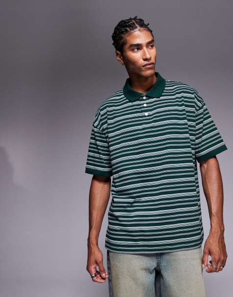 ASOS DESIGN boxy oversized polo in green stripe
