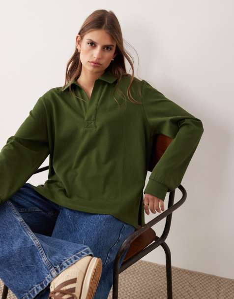 ASOS DESIGN – Zielona koszulka rugby z kołnierzykiem i długimi rękawami - view 1