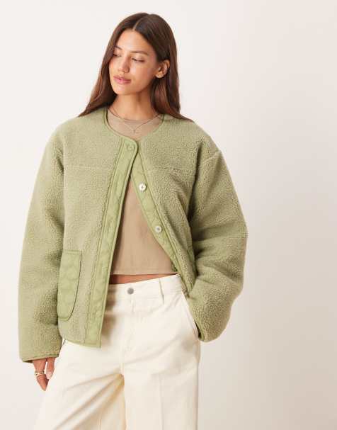 ASOS DESIGN borg fleece jacket with quilted nylon detail in tonal green