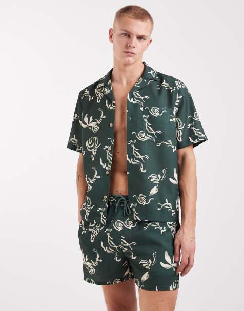 ASOS DESIGN – Zielona, lnianopodobna, luźna koszula z kołnierzykiem kubańskim i wzorem, część zestawu - view 1