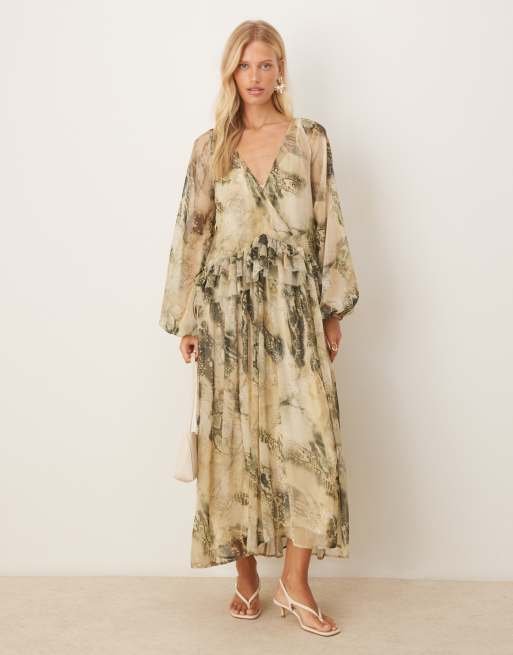 ASOS DESIGN – Zielona luźna sukienka midi w abstrakcyjny wzór z dekoltem w szpic i falbanką