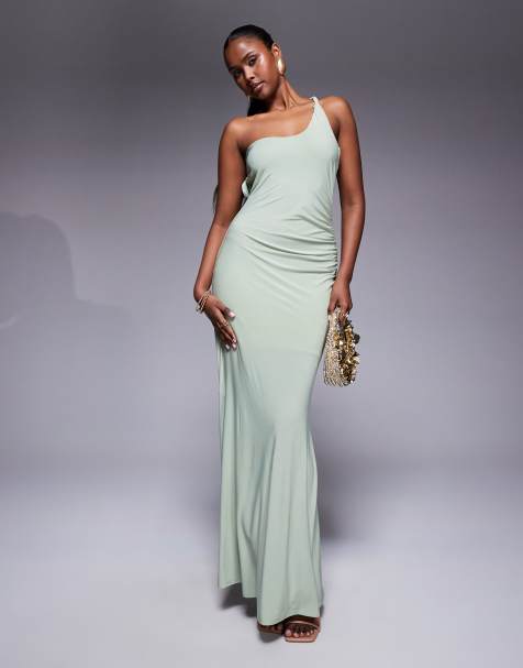 ASOS DESIGN – Zielona marszczona sukienka maxi na jedno ramię - view 1