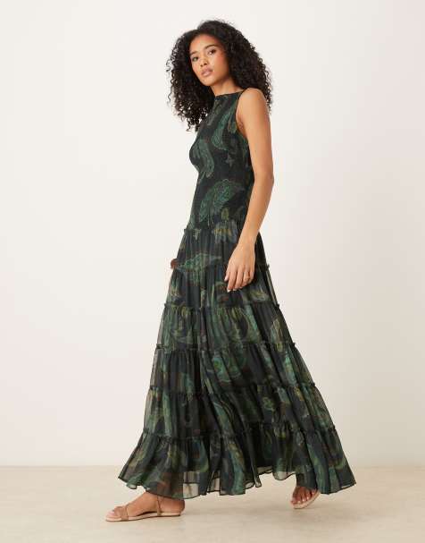 ASOS DESIGN – Zielona marszczona sukienka maxi we wzór paisley z zabudowanym dekoltem - view 1