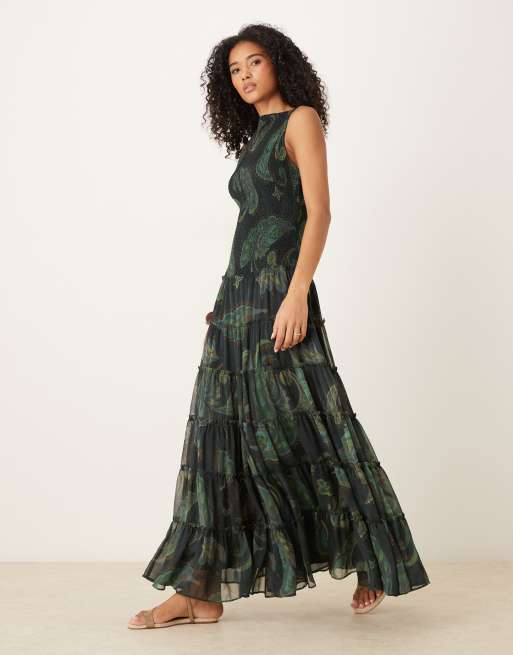 ASOS DESIGN – Zielona marszczona sukienka maxi we wzór paisley z zabudowanym dekoltem