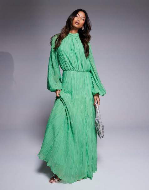 ASOS DESIGN – Zielona, plisowana sukienka maxi z golfem i obszernymi rękawami z obcisłym mankietem - view 1