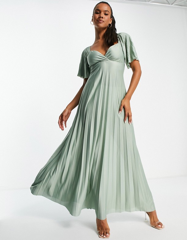  Najlepiej Sprzedający Się ASOS DESIGN – Zielona plisowana sukienka maxi z ozdobnie skrzyżowanym tyłem i krÓtkimi raglanowymi rękawami Zielony
