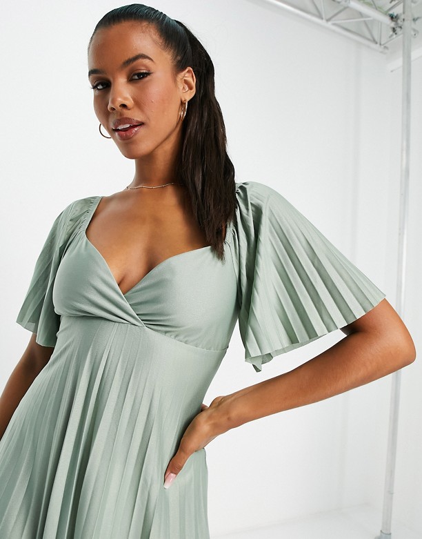  Najlepiej Sprzedający Się ASOS DESIGN – Zielona plisowana sukienka maxi z ozdobnie skrzyżowanym tyłem i krÓtkimi raglanowymi rękawami Zielony
