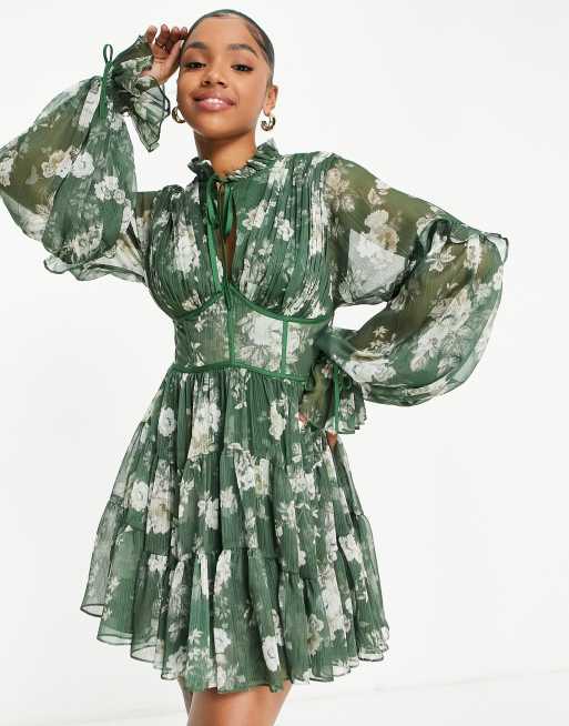 ASOS DESIGN – Zielona plisowana sukienka mini z gorsetową talią w kwiaty