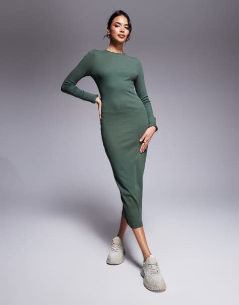 ASOS DESIGN – Zielona prążkowana sukienka midi z okrągłym dekoltem i wywiniętymi mankietami - view 1