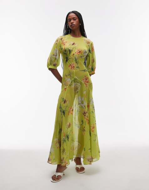 ASOS DESIGN – Zielona prześwitująca sukienka wiązana maxi z ozdobnymi szwami i kwiatowym wzorem - view 1