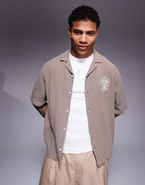 ASOS DESIGN boxy revere shirt with chest embroidery in green