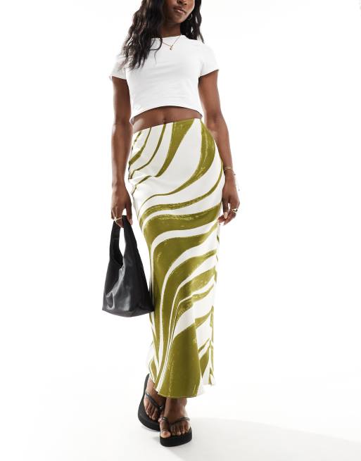 ASOS DESIGN – Zielona satynowa spódnica midi ze skosu w paski