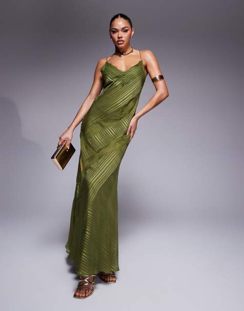 ASOS DESIGN – Zielona satynowa sukienka maxi w paski z koronkowymi wstawkami - view 1