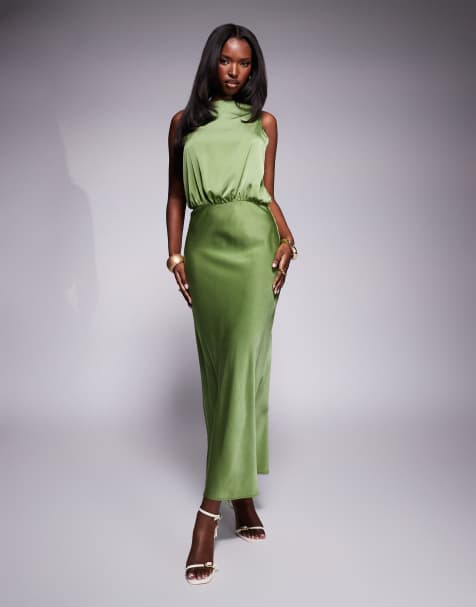 ASOS DESIGN – Zielona satynowa sukienka midi z dekoltem karo - view 1