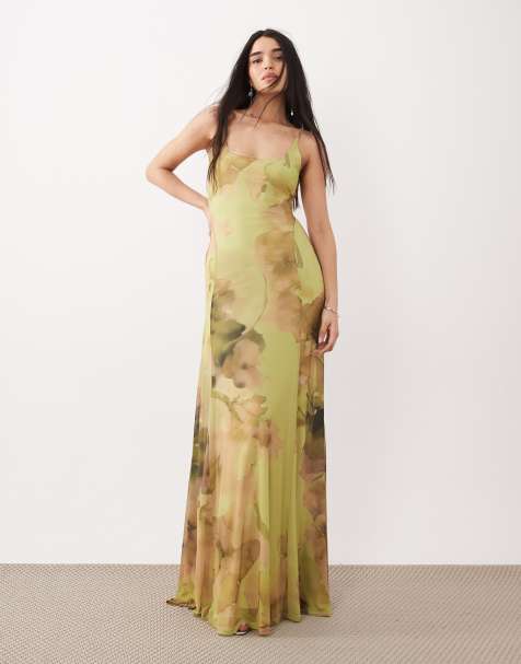 ASOS DESIGN – Zielona siateczkowa sukienka maxi na ramiączkach z kwadratowym dekoltem w kwiatowy wzór - view 1