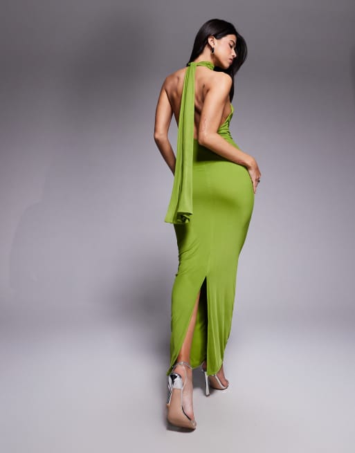 ASOS DESIGN – Zielona siateczkowa sukienka maxi z dekoltem typu halter, skręconym dekoltem i wiązaniem na plecach 