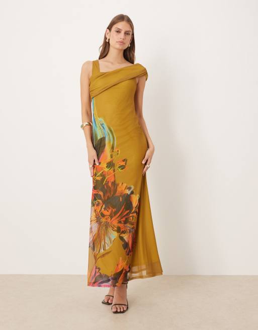 ASOS DESIGN – Zielona siateczkowa sukienka midi z odsłoniętym ramieniem w kwiatowy wzór