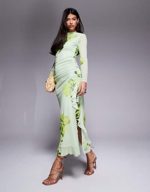 ASOS DESIGN – Zielona siateczkowa sukienka trapezowa maxi z długimi rękawami i falbanką w kwiatowy wzór