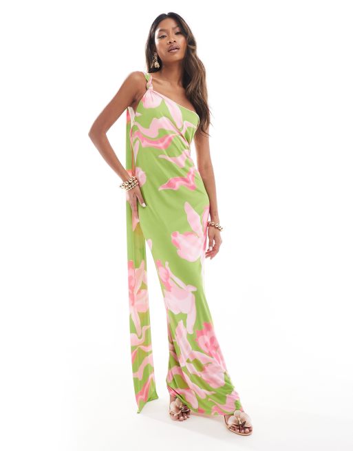 ASOS DESIGN – Zielona sukienka maxi na jedno ramię z węzłem i szalem na plecach w duży kwiatowy wzór